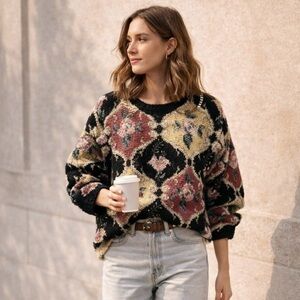 Vintage Floral Knit Sweater Cottagecore Grandmillennial Cozy Anthro Style
